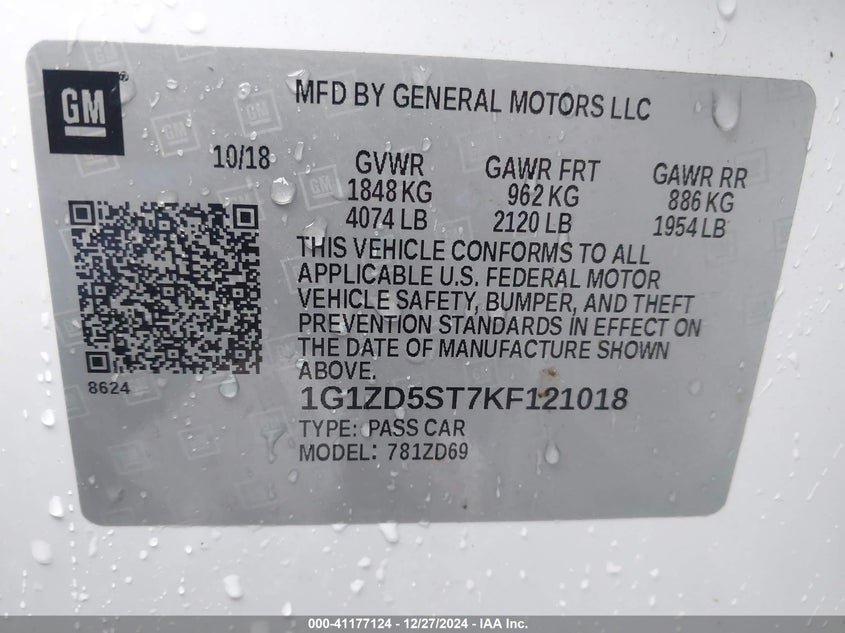 2019 CHEVROLET MALIBU VIN: 1G1ZD5ST7KF121018