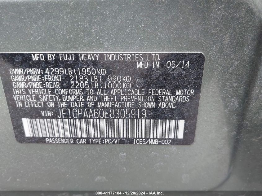 VIN JF1GPAA60E8305919 2014 SUBARU IMPREZA no.9