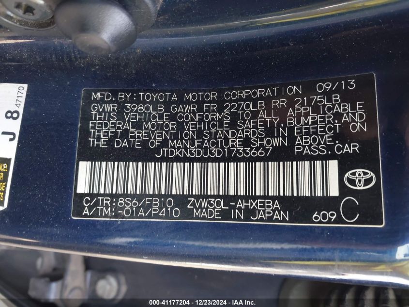 2013 TOYOTA PRIUS VIN: JTDKN3DU3D1733667