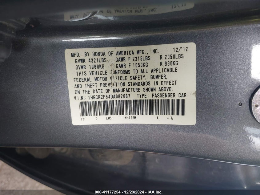 2013 HONDA ACCORD VIN: 1HGCR2F54DA082687