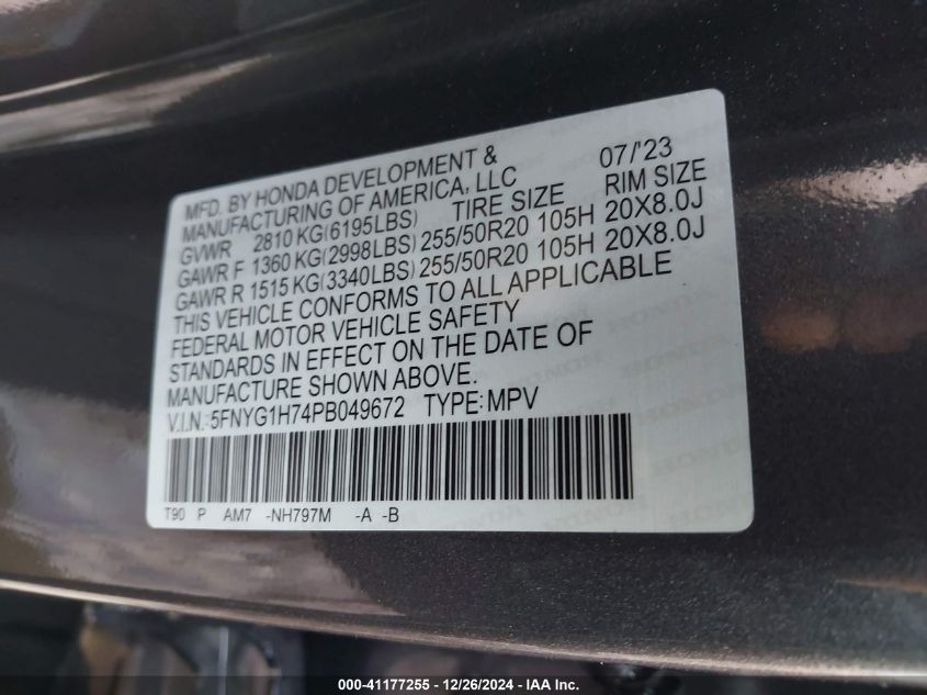 VIN 5FNYG1H74PB049672 2023 HONDA PILOT no.9