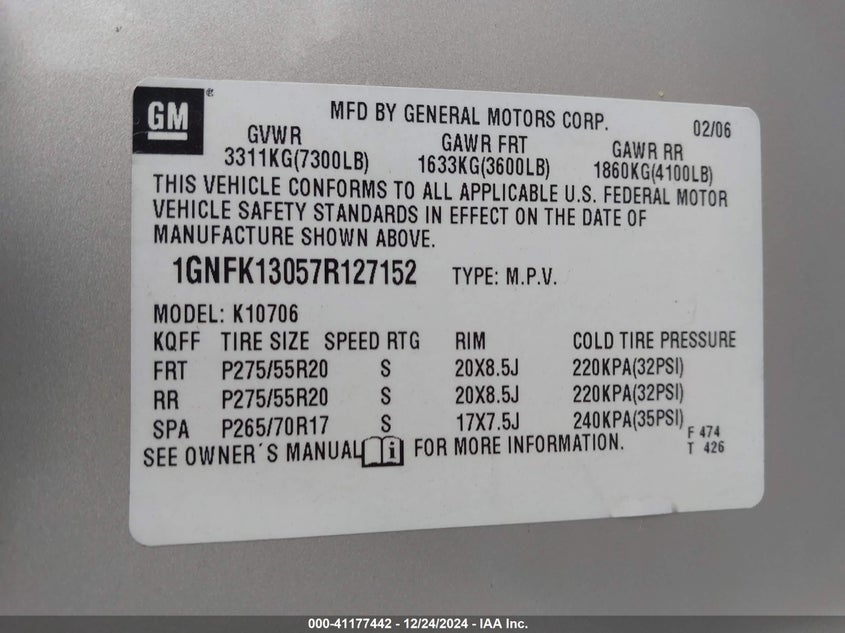 2007 CHEVROLET TAHOE VIN: 1GNFK13057R127152