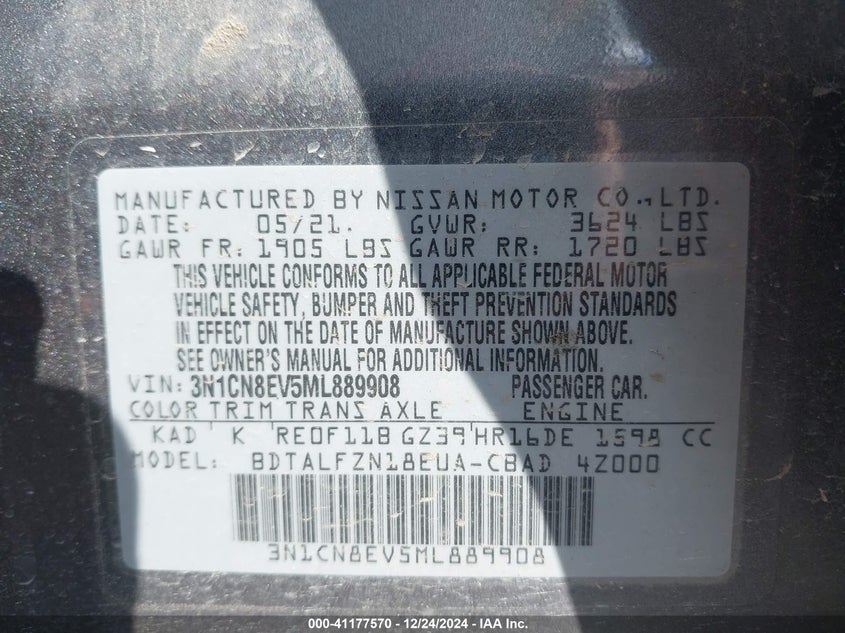 2021 NISSAN VERSA SV XTRONIC CVT - 3N1CN8EV5ML889908