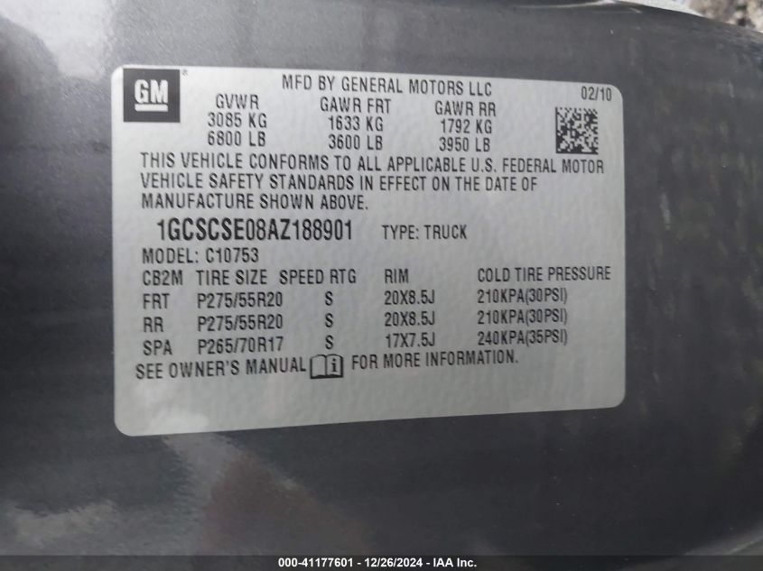 2010 Chevrolet Silverado Lt VIN: 1GCSCSE06AZ188901 Lot: 41177601
