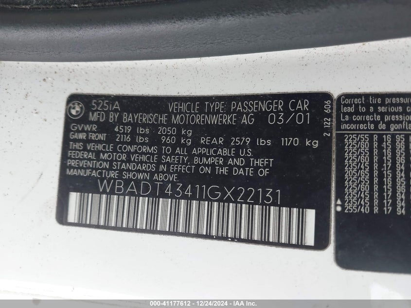 2001 BMW 525Ia VIN: WBADT43411GX22131 Lot: 41177612
