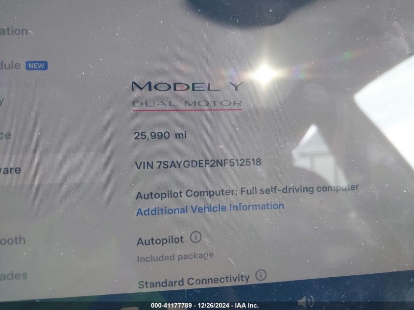 VIN 7SAYGDEF2NF512518 2022 Tesla Model Y, Performan... no.7