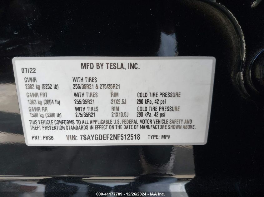 VIN 7SAYGDEF2NF512518 2022 Tesla Model Y, Performan... no.9