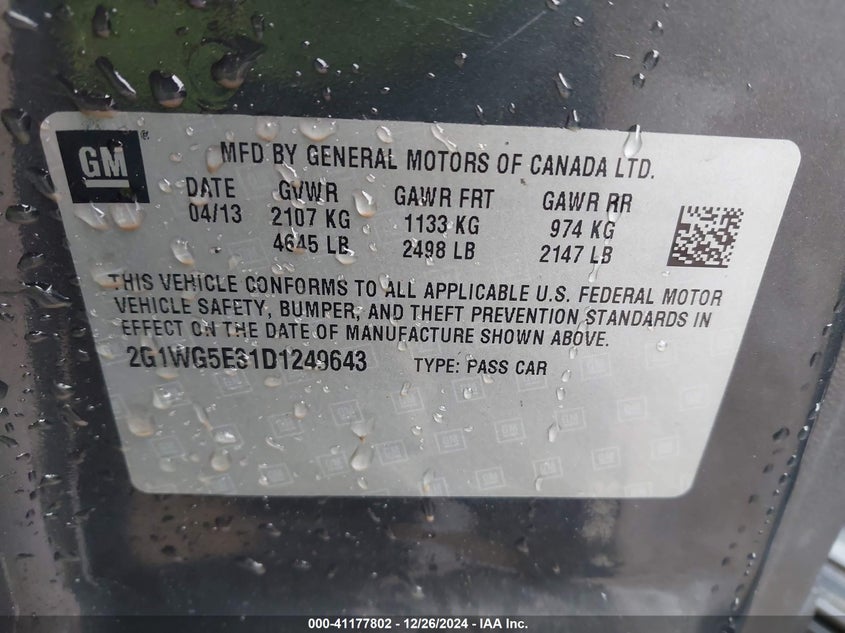 2013 CHEVROLET IMPALA VIN: 2G1WG5E31D1249643