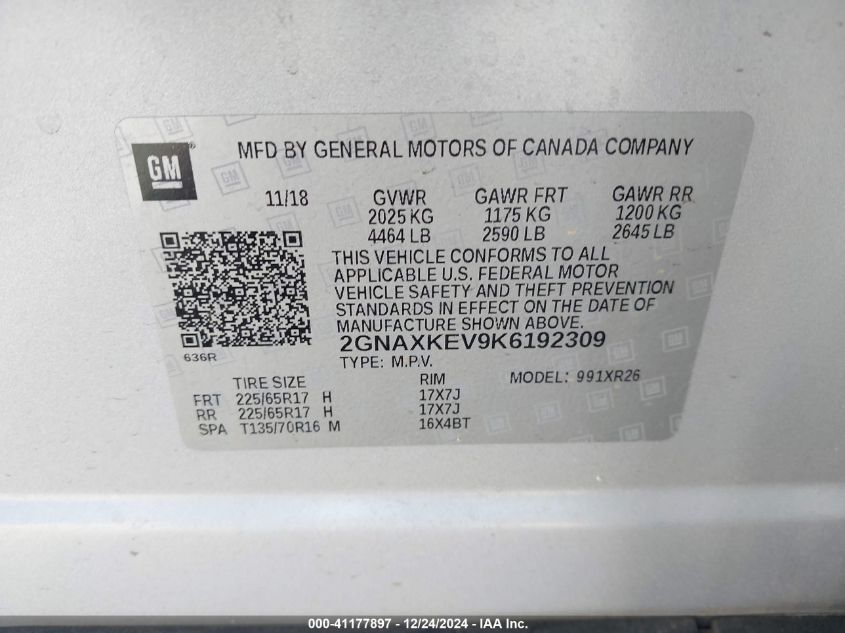 VIN 2GNAXKEV9K6192309 2019 Chevrolet Equinox, LT no.9