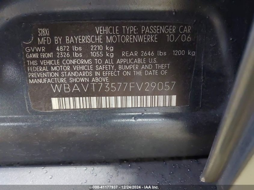 2007 BMW 328Xi VIN: WBAVT73557FV29057 Lot: 41177937
