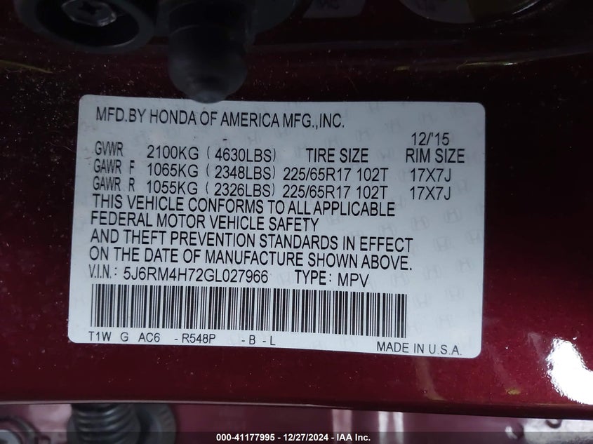 2016 HONDA CR-V EX-L - 5J6RM4H72GL027966