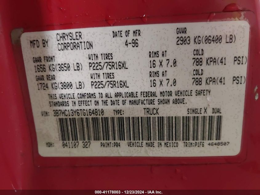 1996 Dodge Ram 1500 VIN: 3B7HC13Y6TG164810 Lot: 41178003