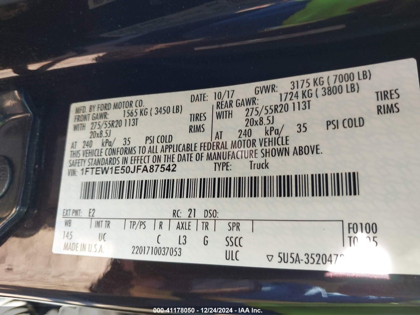2018 FORD F-150 VIN: 1FTEW1E50JFA87542