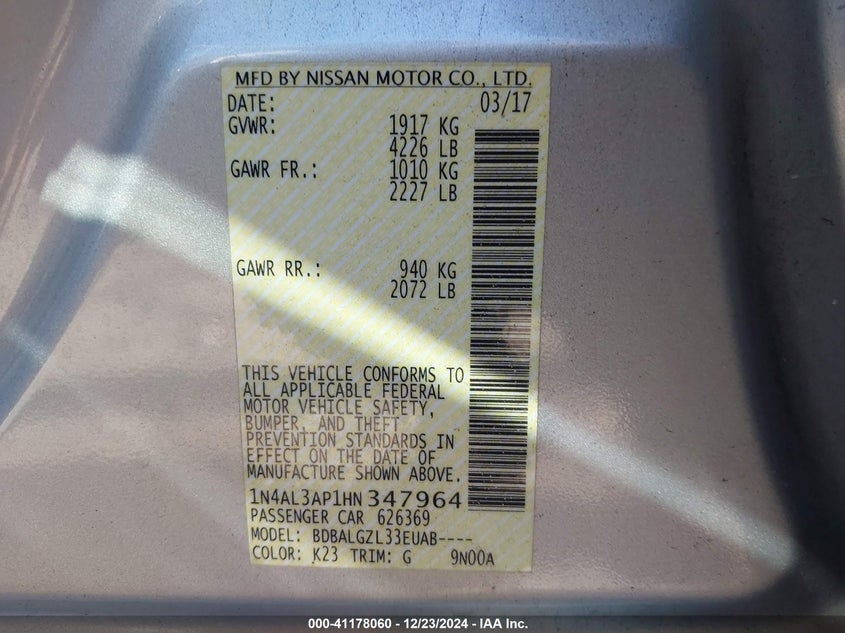 2017 NISSAN ALTIMA VIN: 1N4AL3AP1HN347964