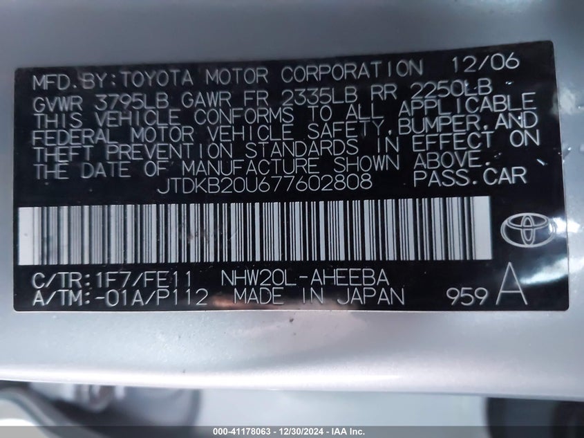 2007 TOYOTA PRIUS VIN: JTDKB20U677602808