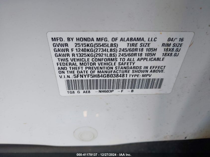 VIN 5FNYF5H84GB038481 2016 HONDA PILOT no.9