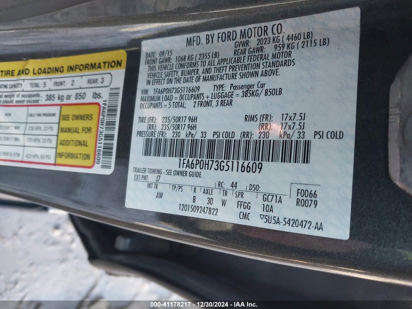 2016 FORD FUSION VIN: 1FA6P0H73G5116609
