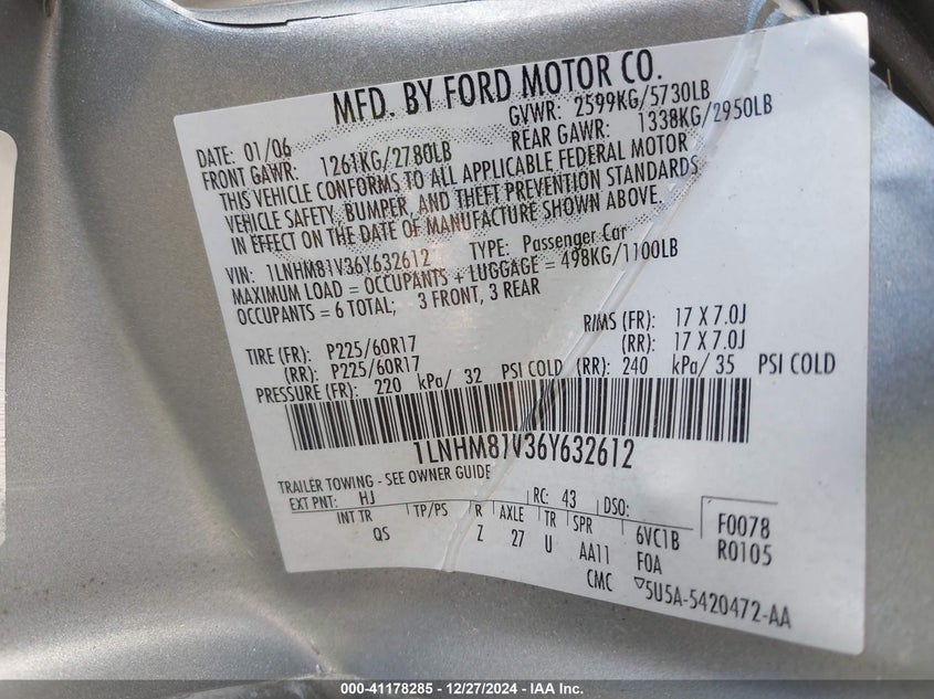 2006 LINCOLN TOWN CAR VIN: 1LNHM81V36Y632612