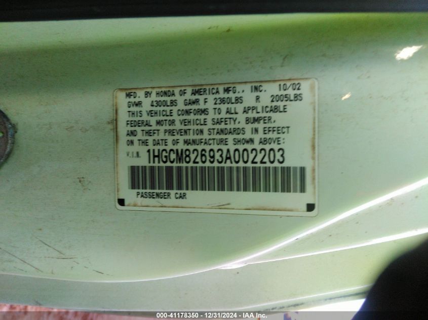 2003 Honda Accord 3.0 Ex VIN: 1HGCM82693A002203 Lot: 41178350