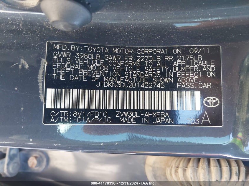 2011 TOYOTA PRIUS VIN: JTDKN3DU2B1422745