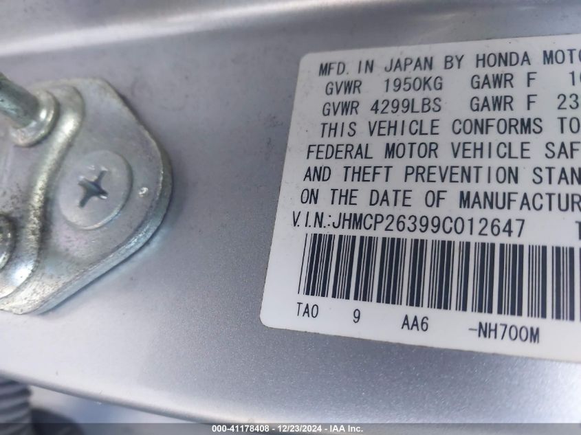2009 Honda Accord 2.4 Lx VIN: JHMCP26399C012647 Lot: 41178408