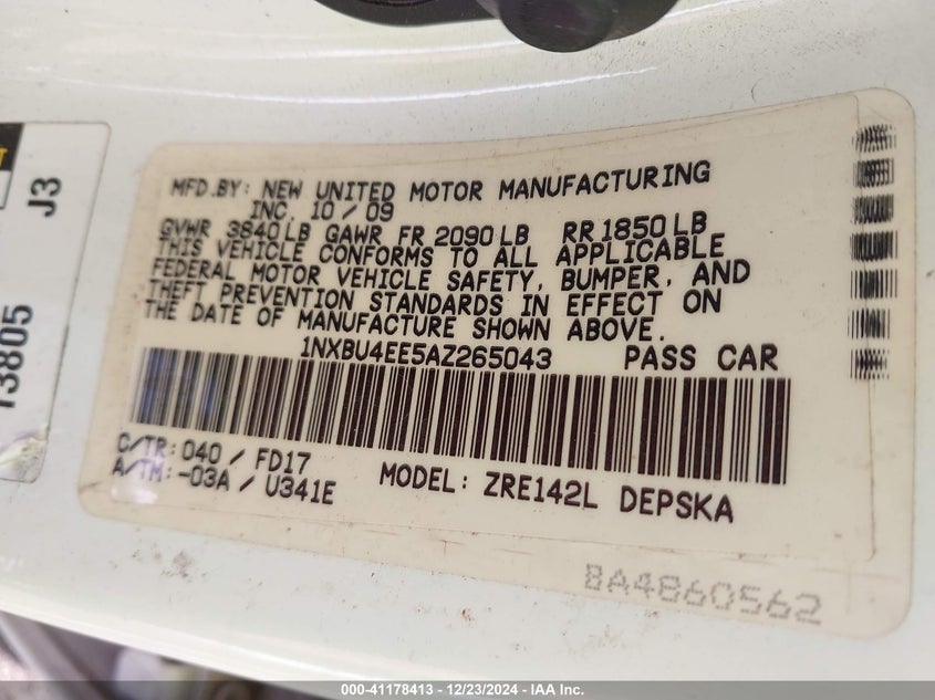 2010 TOYOTA COROLLA VIN: 1NXBU4EE5AZ265043