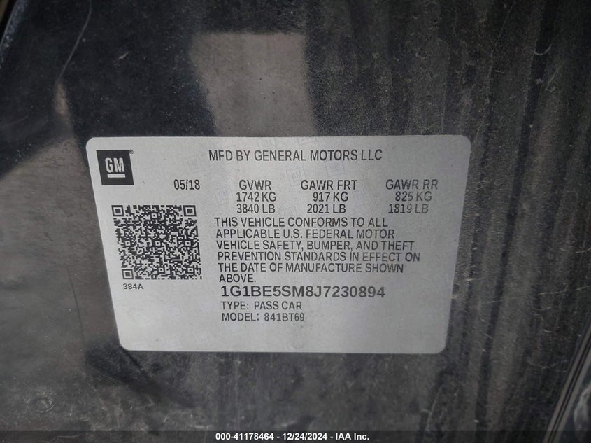 2018 CHEVROLET CRUZE VIN: 1G1BE5SM8J7230894