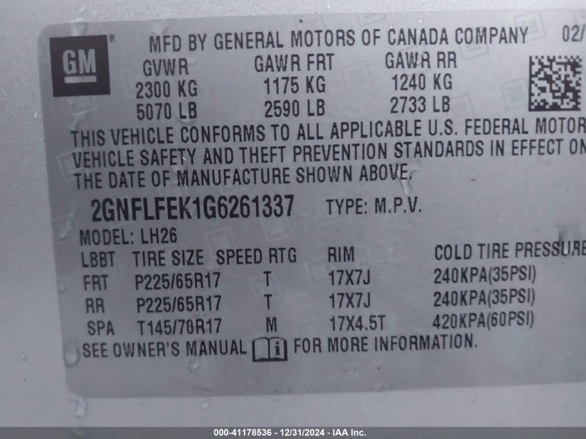 VIN 2GNFLFEK1G6261337 2016 Chevrolet Equinox, LT no.9