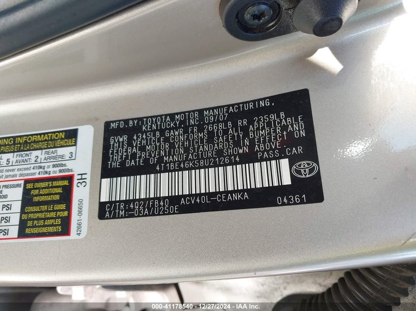 2008 TOYOTA CAMRY VIN: 4T1BE46K58U212614