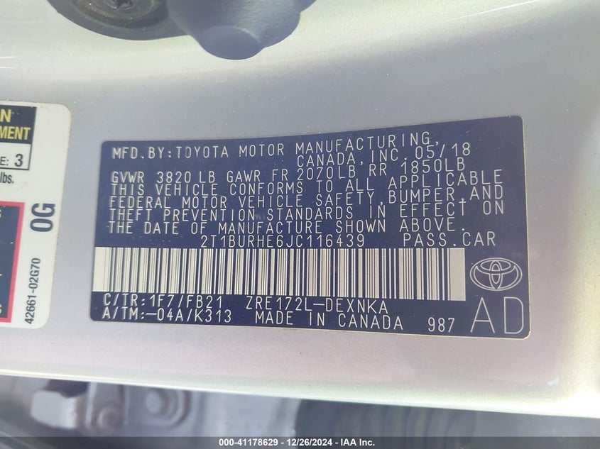 2018 TOYOTA COROLLA LE - 2T1BURHE6JC116439