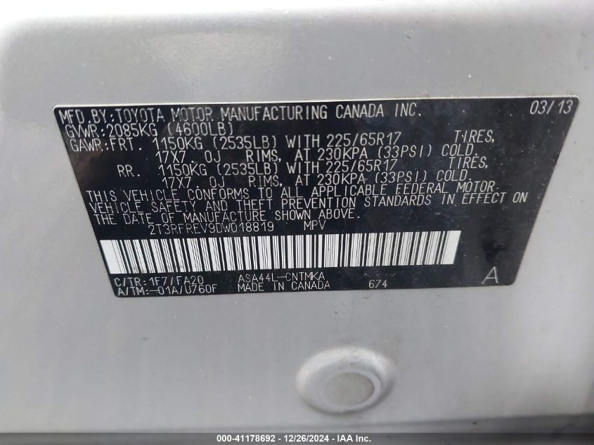 VIN 2T3RFREV9DW018819 2013 Toyota RAV4, Xle no.9