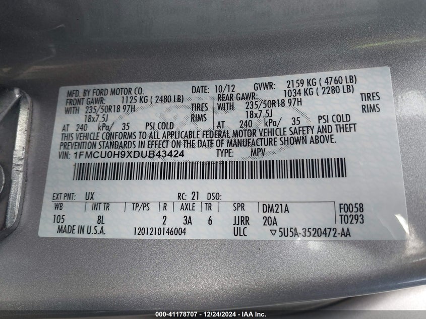 2013 FORD ESCAPE VIN: 1FMCU0H9XDUB43424