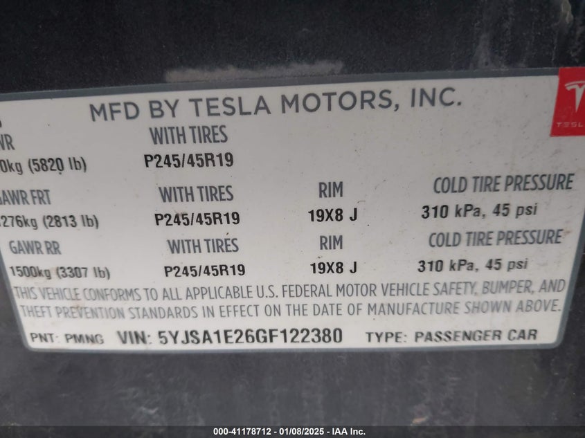 2016 TESLA MODEL S VIN: 5YJSA1E26GF122380