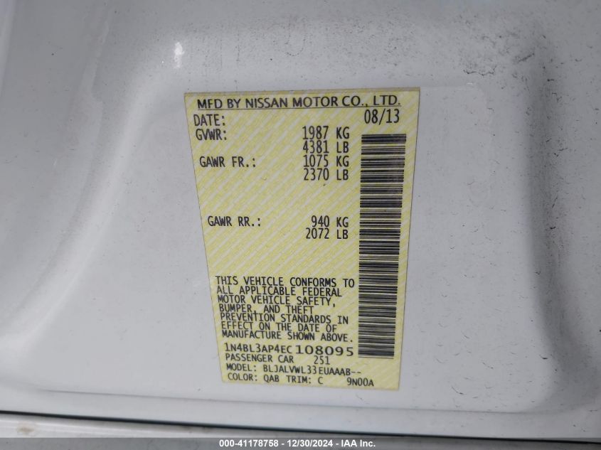 VIN 1N4BL3AP4EC108095 2014 Nissan Altima, 3.5 SL no.9