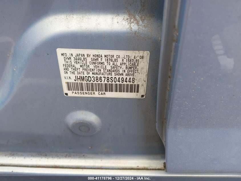 2008 HONDA FIT VIN: JHMGD38678S049448