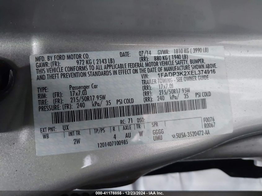 VIN 1FADP3K2XEL374916 2014 Ford Focus, SE no.9