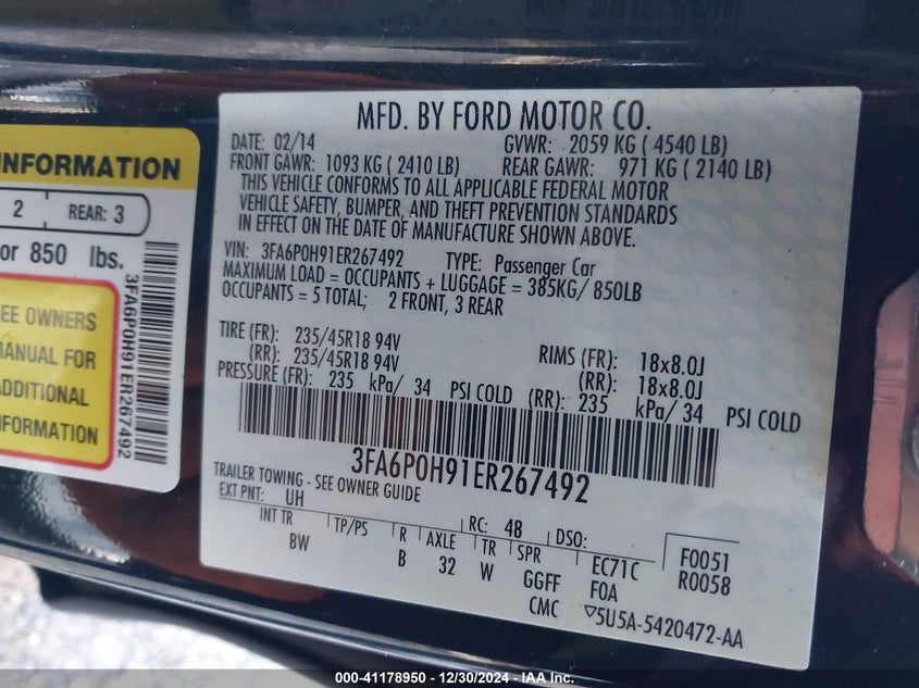 2014 FORD FUSION VIN: 3FA6P0H91ER267492