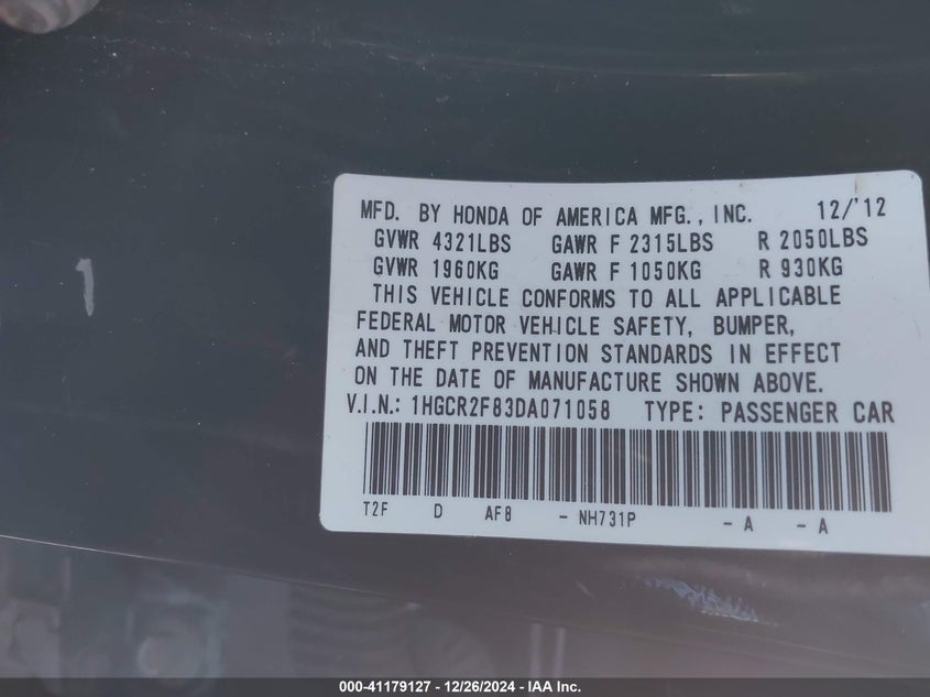 2013 HONDA ACCORD VIN: 1HGCR2F83DA071058