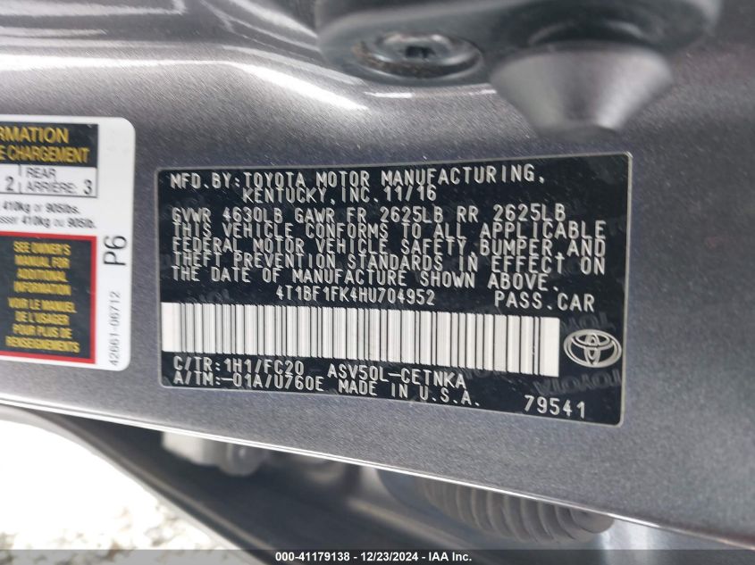 VIN 4T1BF1FK4HU704952 2017 TOYOTA CAMRY no.9