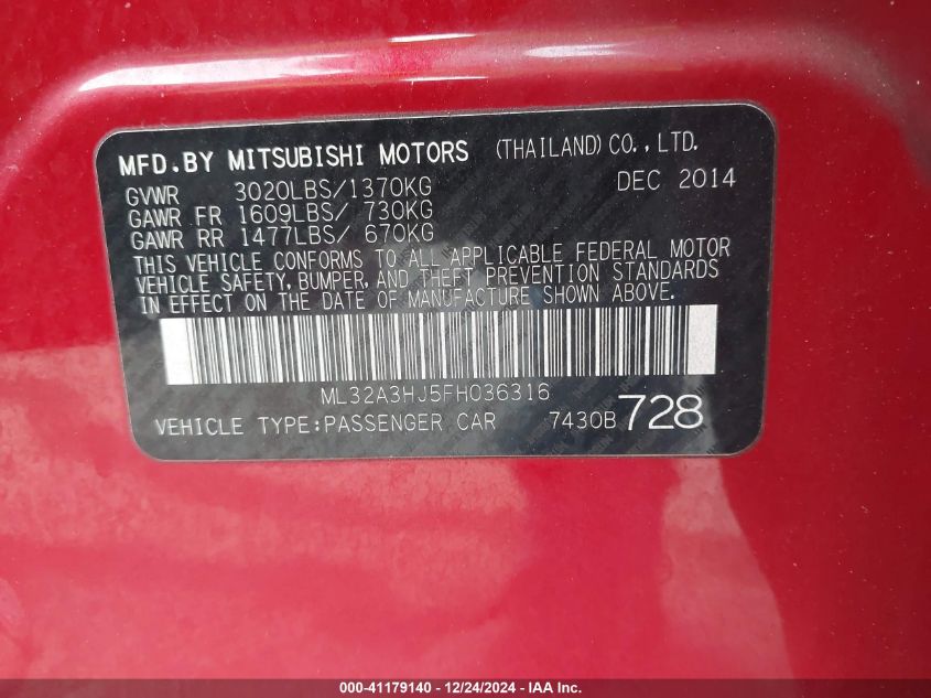 VIN ML32A3HJ5FH036316 2015 Mitsubishi Mirage, DE no.9