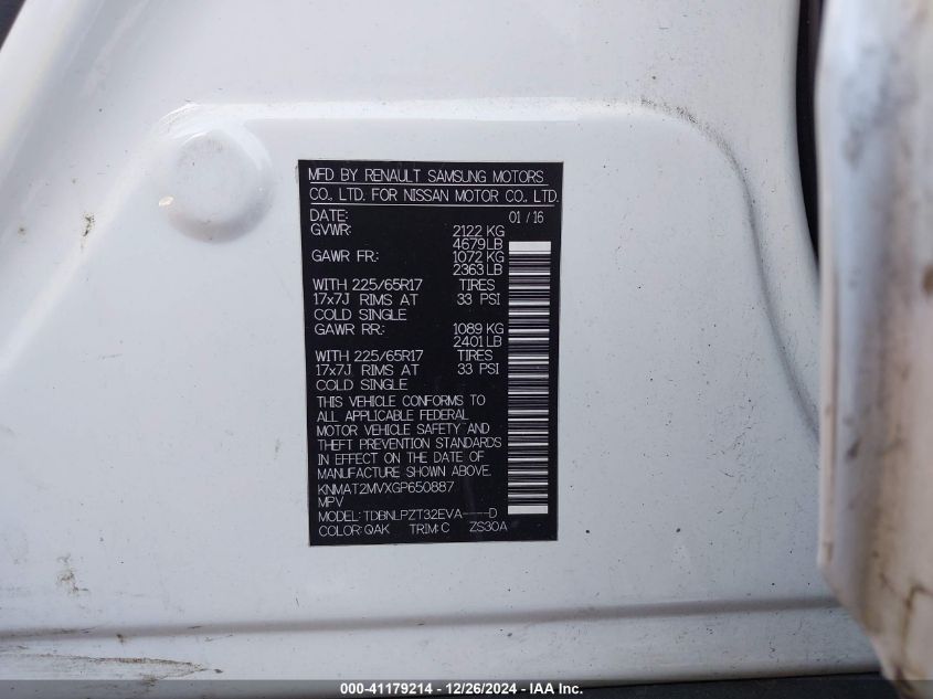 VIN KNMAT2MVXGP650887 2016 NISSAN ROGUE no.9