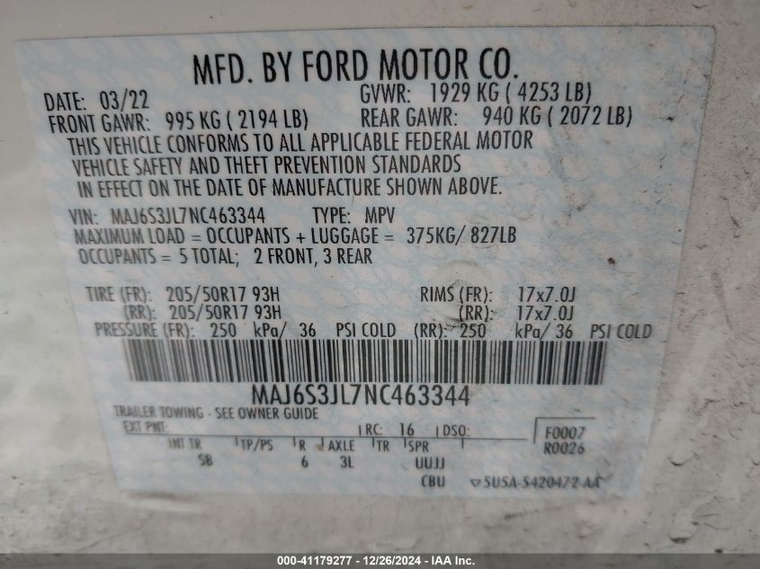 2022 Ford Ecosport Ses VIN: MAJ6S3JL7NC463344 Lot: 41179277