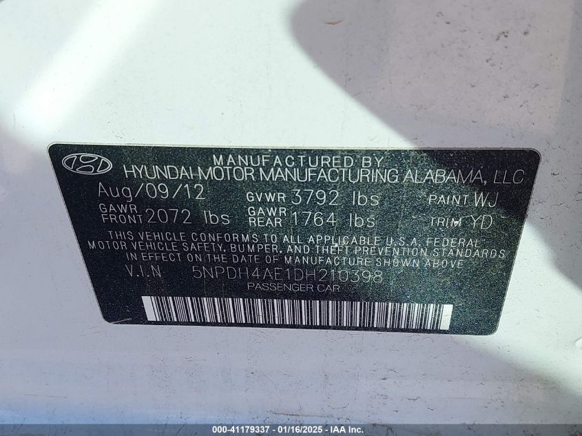 2013 Hyundai Elantra Gls VIN: 5NPDH4AE1DH210398 Lot: 41179337