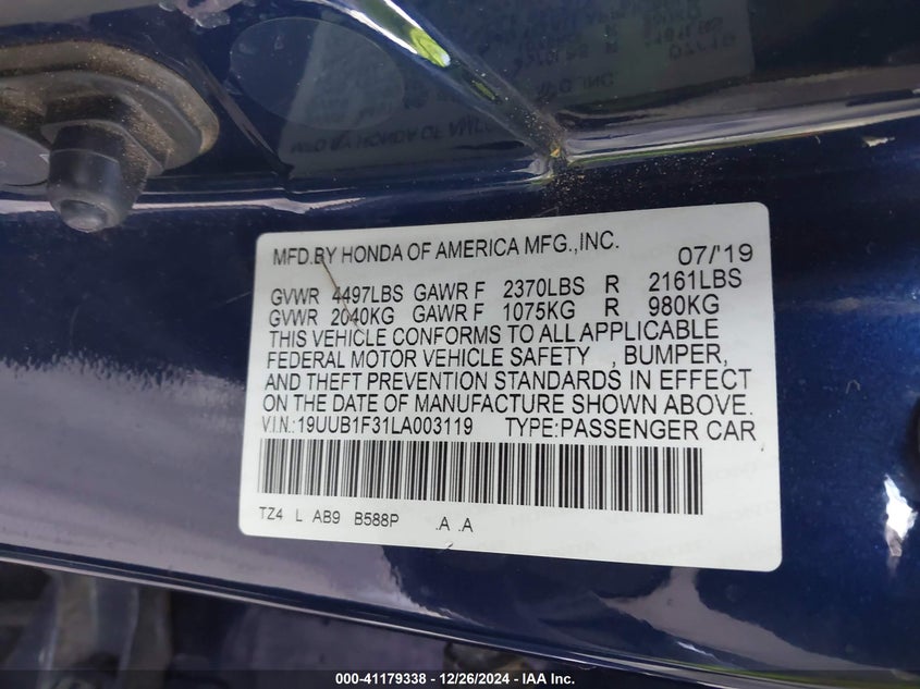 2020 ACURA TLX VIN: 19UUB1F31LA003119