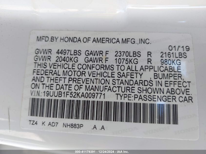 VIN 19UUB1F52KA009771 2019 Acura TLX, Tech Pkg no.9