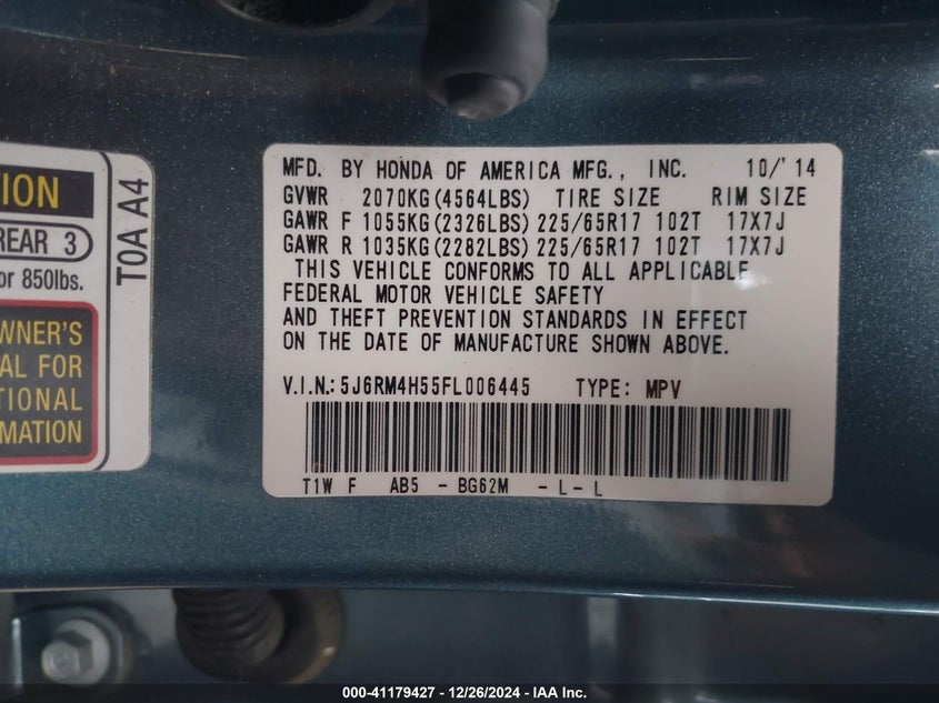 2015 HONDA CR-V EX - 5J6RM4H55FL006445