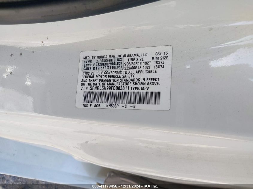 VIN 5FNRL5H99FB083811 2015 HONDA ODYSSEY no.9