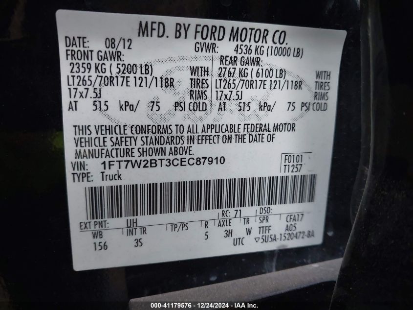 2012 Ford F-250 Xlt VIN: 1FT7W2BT3CEC87910 Lot: 41179576