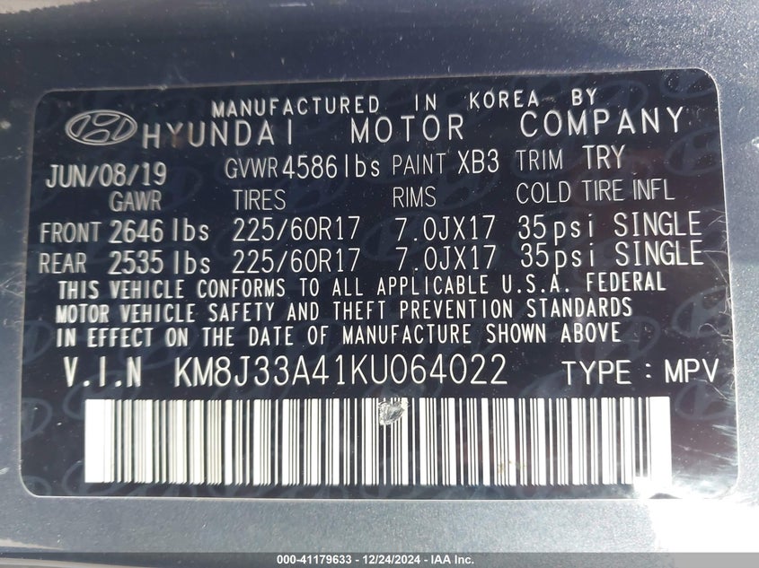 2019 HYUNDAI TUCSON VIN: KM8J33A41KU064022