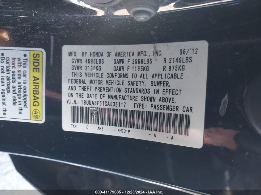 2012 ACURA TL VIN: 19UUA8F51CA036117